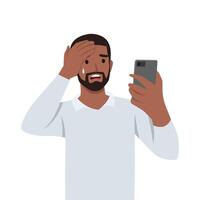 Young man texting using smart phone, stressed with hand on head, shocked, surprise face. vector