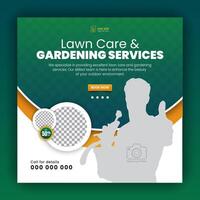 Organic food and agriculture service for social media cover or post design template, modern lawn mower garden, or landscaping service with green gradient background and abstract yellow color shape vector