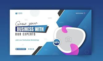 Modern and business workshop promotion thumbnail design, editable corporate, creative gaming live stream social media cover, web banner template with abstract blue and black color shapes vector