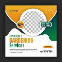 Organic food and agriculture service for social media cover or post design template, modern lawn mower garden, or landscaping service with green gradient background and abstract yellow color shape vector