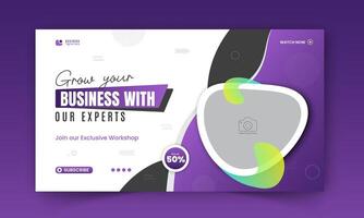 Modern and business workshop promotion thumbnail design, editable corporate, creative gaming live stream social media cover, web banner template with abstract purple color shapes vector