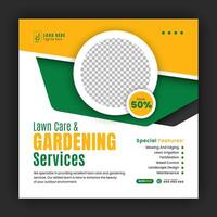 Organic food and agriculture service for social media cover or post design template, modern lawn mower garden, or landscaping service with green gradient background and abstract yellow color shape vector