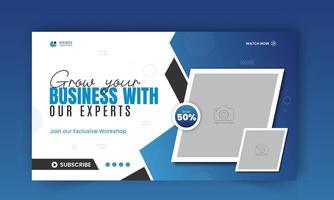 Modern and business workshop promotion thumbnail design, editable corporate, creative gaming live stream social media cover, web banner template with abstract blue and black color shapes vector