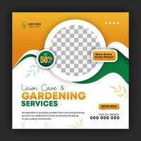 Organic food and agriculture service for social media cover or post design template, modern lawn mower garden, or landscaping service with green gradient background and abstract yellow color shape vector