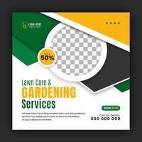 Organic food and agriculture service for social media cover or post design template, modern lawn mower garden, or landscaping service with green gradient background and abstract yellow color shape vector