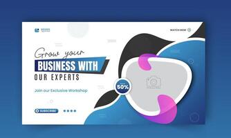 Modern and business workshop promotion thumbnail design, editable corporate, creative gaming live stream social media cover, web banner template with abstract blue and black color shapes vector