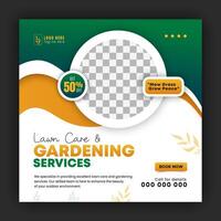 Organic food and agriculture service for social media cover or post design template, modern lawn mower garden, or landscaping service with green gradient background and abstract yellow color shape vector