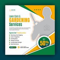 Organic food and agriculture service for social media cover or post design template, modern lawn mower garden, or landscaping service with green gradient background and abstract yellow color shape vector