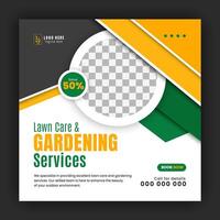 Organic food and agriculture service for social media cover or post design template, modern lawn mower garden, or landscaping service with green gradient background and abstract yellow color shape vector