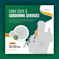 Organic food and agriculture service for social media cover or post design template, modern lawn mower garden, or landscaping service with green gradient background and abstract yellow color shape vector