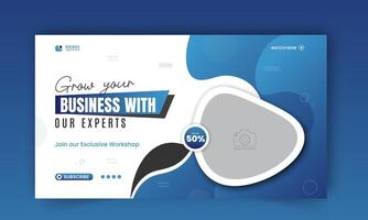 Modern and business workshop promotion thumbnail design, editable corporate, creative gaming live stream social media cover, web banner template with abstract blue and black color shapes vector