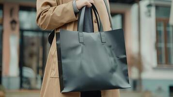 Woman carrying a black shopping bag mockup , photo