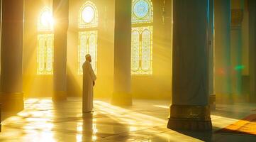 musulmán hombre en pie Orando en el mezquita foto
