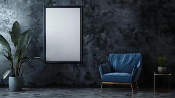 Picture mockup with black vertical frame on dark wall. Stylish dark interior with blue armchair, poster mockup. photo