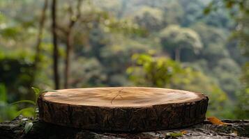 árbol maletero madera podio monitor para comida perfume y otro productos en naturaleza antecedentes granja con césped y árbol luz de sol a Mañana , foto