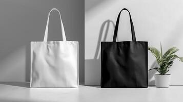 White and black tote bags mockup on a grey background. photo