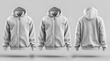 Blank hooded sweatshirt mockup with zipper in front, side and back views photo