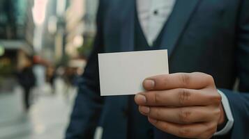 Close up hand of Businessman holding blank white card in studio photo