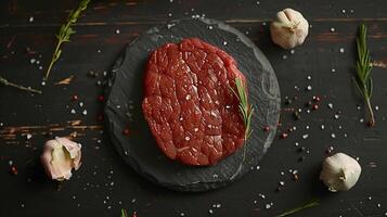 Fresh and Juicy Raw Beef Steak on dark wooden table background, Top View for an Up-Close Look photo