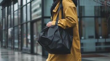 Woman carrying a black shopping bag mockup , photo