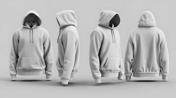 Blank hooded sweatshirt mockup with zipper in front, side and back views photo