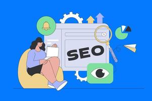 seo mejoramiento concepto en moderno plano diseño para web. mujer haciendo datos investigación, mejorando tráfico y sitio clasificación para Internet. ilustración para social medios de comunicación bandera, márketing material. vector