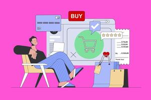 compras concepto en moderno plano diseño para web. hombre relleno compra cesta, haciendo en línea pago y ordenando productos con entrega. ilustración para social medios de comunicación bandera, márketing material. vector