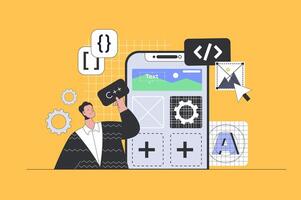 App development concept in modern flat design for web. Developer making ui ux engineering and creating mobile wireframe interface. illustration for social media banner, marketing material. vector