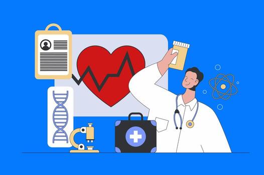 Medical concept in modern flat design for web. Doctor consulting patient and diagnosis, makes cardiologist prescription with medicines. illustration for social media banner, marketing material. vector