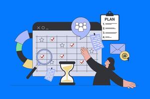 Business planning concept in modern flat design for web. Woman making schedule with meetings at calendar, setting tasks and deadlines. illustration for social media banner, marketing material. vector