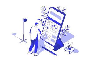 Mobile organizer 3d isometric concept in isometry graphic design for web. People scene with man using app for organizing work tasks and daily activities, marking date in calendar. illustration. vector