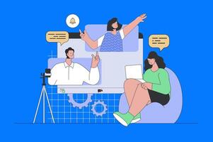 communication concept in modern flat design for web. Woman connecting with friends and colleagues online, using zoom for meeting. illustration for social media banner, marketing material. vector