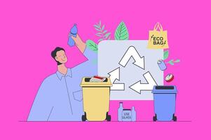 Waste management concept in modern flat design for web. Man collecting and separating trash, recycle garbage, using glass and eco bag. illustration for social media banner, marketing material. vector