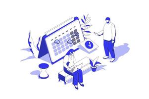 Time planning 3d isometric concept in isometry graphic design for web. People scene with team scheduling work tasks, setting goals and dating at calendar, creating daily agenda. illustration. vector