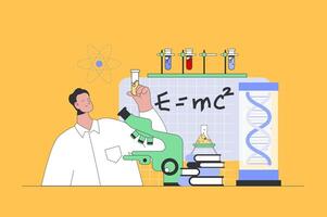 Science laboratory concept in modern flat design for web. Man making lab tests at flask and microscope, making professional expertise. illustration for social media banner, marketing material. vector