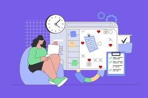 planificación concepto en moderno plano diseño para web. mujer creando todos los días calendario con eventos y notas a calendario, gerente trabajo tiempo. ilustración para social medios de comunicación bandera, márketing material. vector