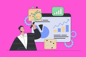 Research analysis concept in modern flat design for web. Man with magnifier monitoring chart and graph, analyzing data and accounting. illustration for social media banner, marketing material. vector