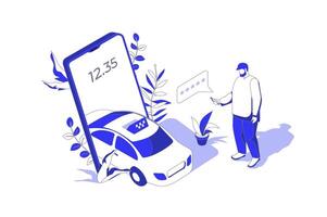 Taxi booking 3d isometric concept in isometry graphic design for web. People scene with man ordering taxi car sing mobile app, using best rating driver and leaving client comment. illustration. vector