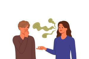 Stinky breath woman with bad teeth or caries irritates guy covering nose with hand vector