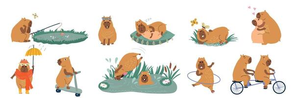 Fluffy copybaras have good time outdoors, fishing or swimming in swamp and sleeping lying on grass vector