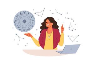 mujer astrólogo dice fortunas por horóscopo y predice futuro por estrellas, en pie cerca ordenador portátil vector