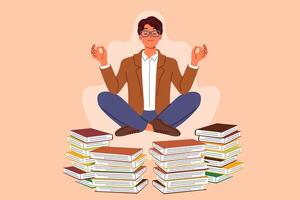 Man does yoga and meditation, taking break from reading books, levitating in lotus position vector