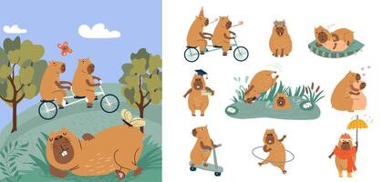 Happy copybars relaxing in nature and riding bicycles or diving in swamp to cool off in hot weather vector