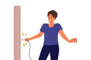 Man receives electric shock when inserts plug into socket, due to breakdown of electrical equipment vector