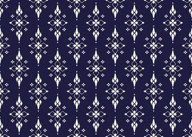 geometric and white symbol flowers form on dark blue background, ethnic fabric seamless pattern design for cloth, carpet, batik, wallpaper, wrapping etc. vector