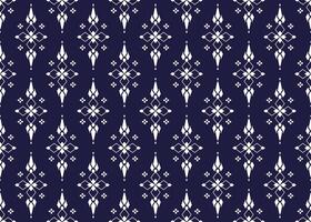 geometric and white symbol flowers form on dark blue background, ethnic fabric seamless pattern design for cloth, carpet, batik, wallpaper, wrapping etc. vector