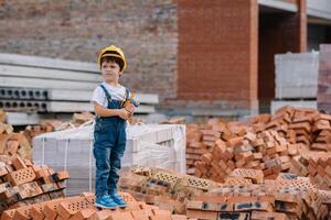 Architect in helmet writing something near new building. little cute boy on the building as an architect photo