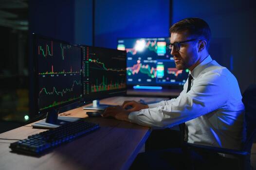 Crypto trader investor analyst looking at computer screen analyzing financial photo