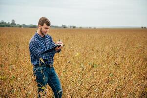 Agronomist holds tablet touch pad computer in the soy field and examining crops before harvesting. Agribusiness concept. agricultural engineer standing in a soy field with a tablet. photo