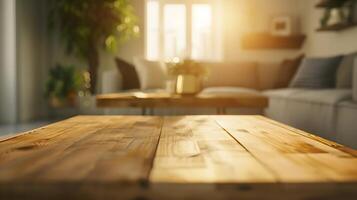 wooden table top with blur of modern living room interior as background, photo